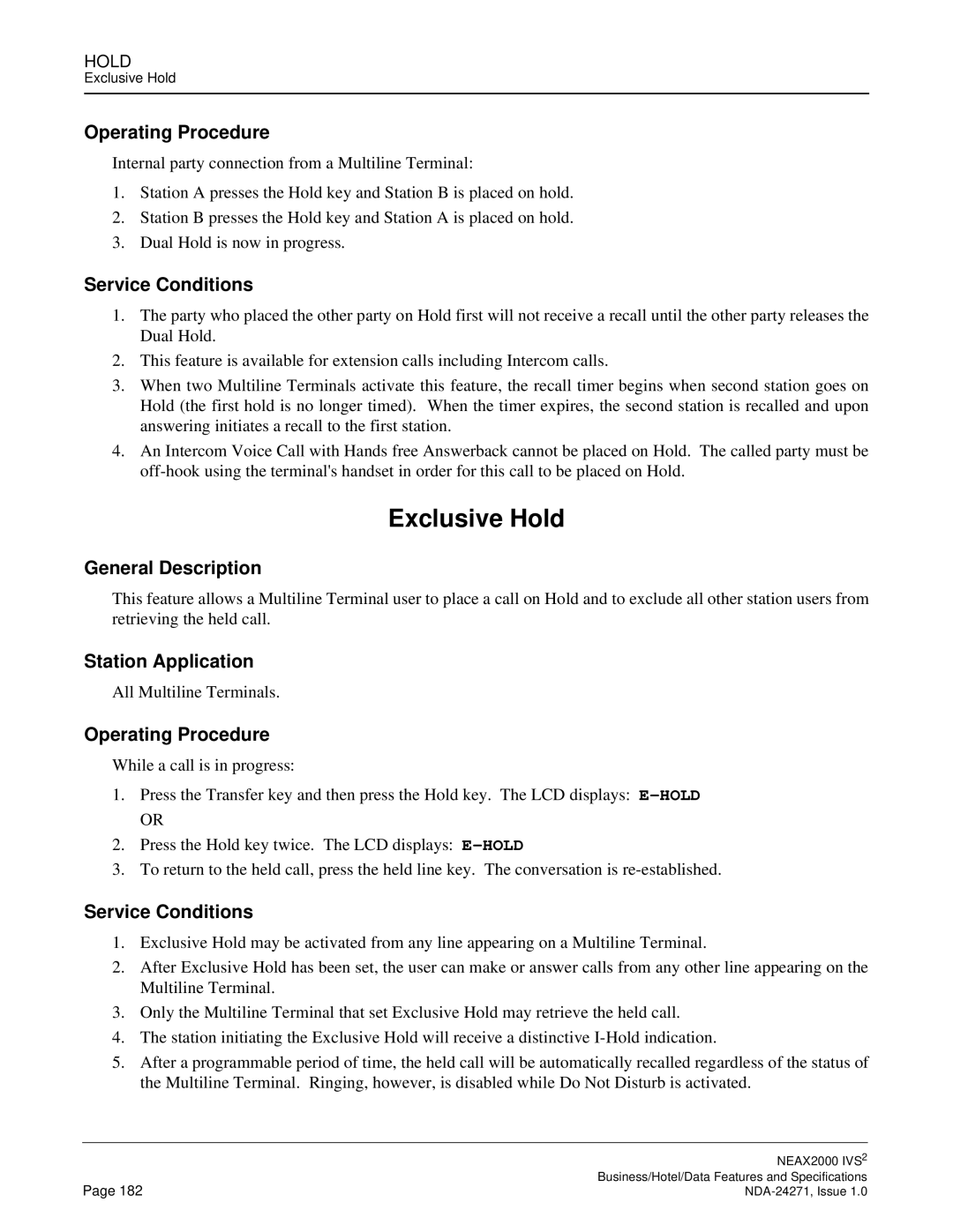 NEC NEAX 2000 specifications Exclusive Hold 