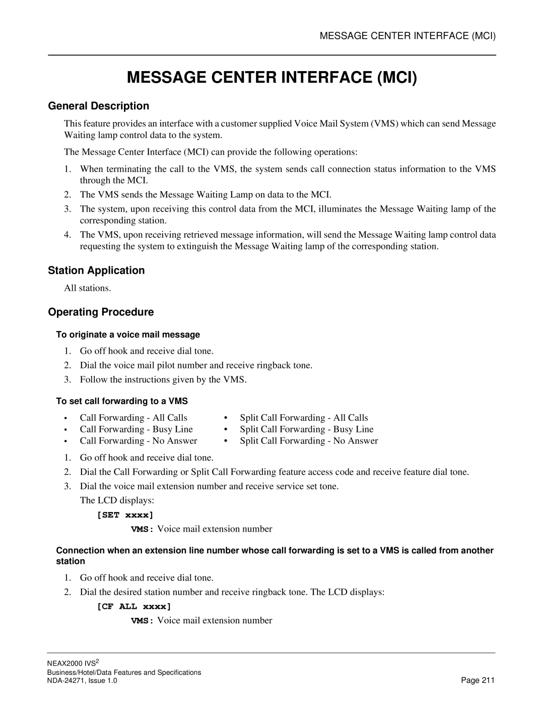 NEC NEAX 2000 specifications Message Center Interface MCI, Set 