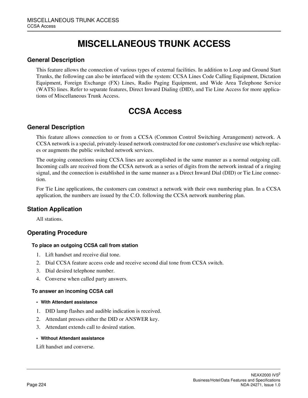 NEC NEAX 2000 specifications Miscellaneous Trunk Access, Ccsa Access 