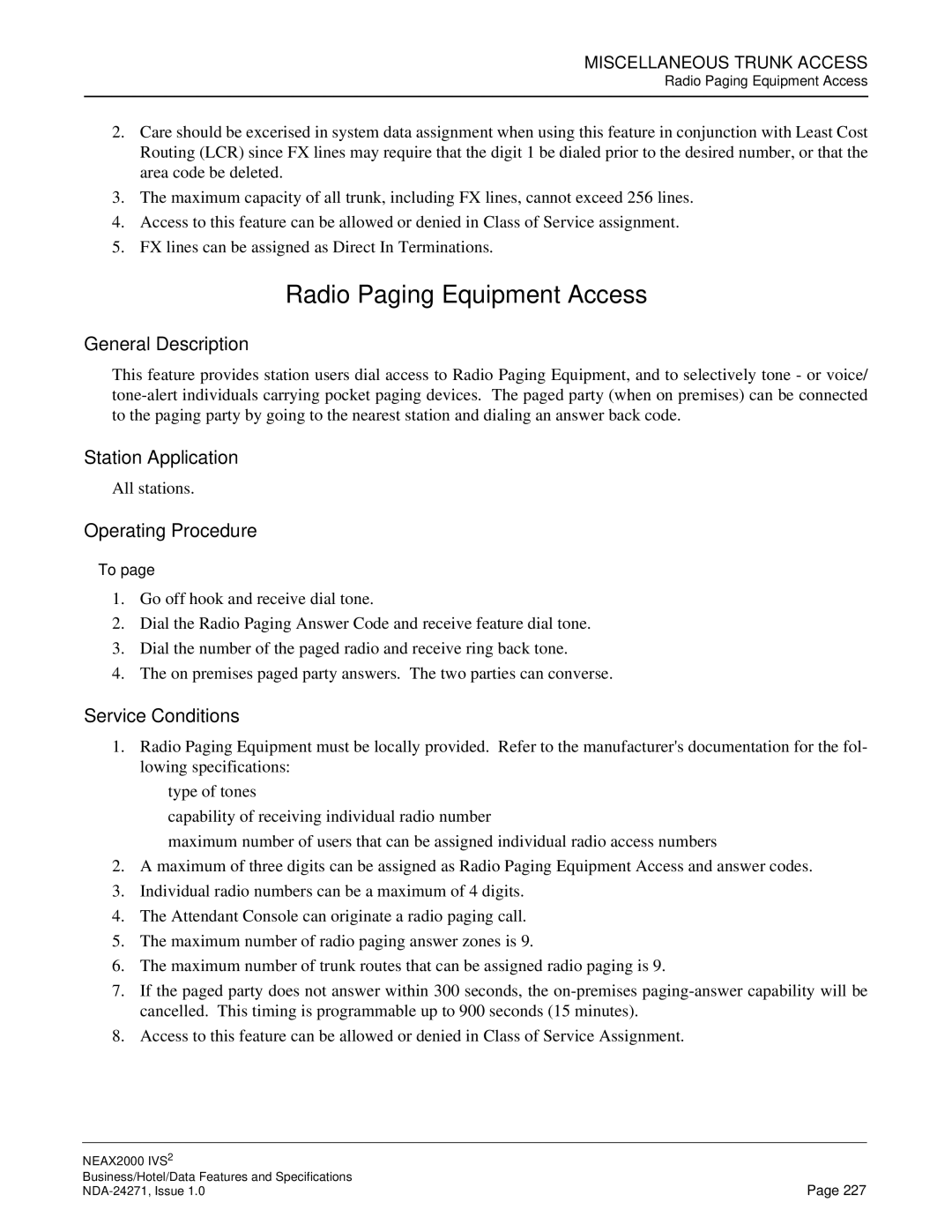 NEC NEAX 2000 specifications Radio Paging Equipment Access 