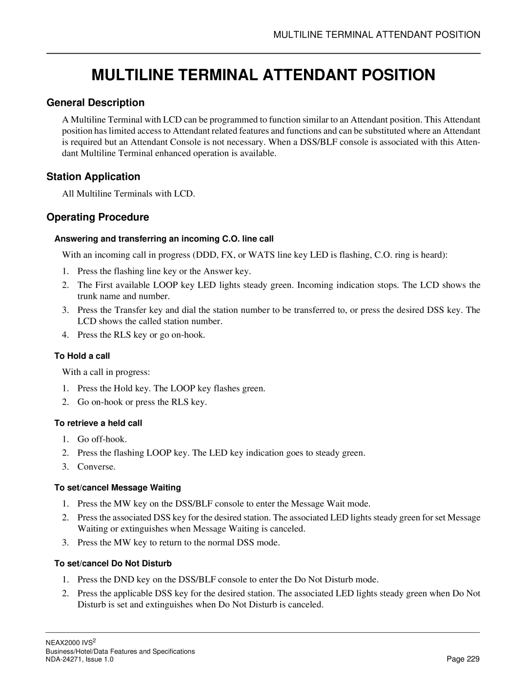 NEC NEAX 2000 specifications Multiline Terminal Attendant Position 