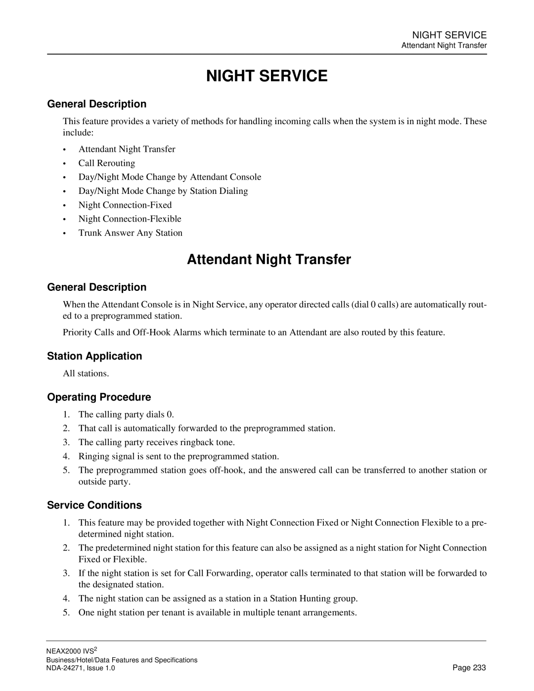 NEC NEAX 2000 specifications Night Service, Attendant Night Transfer 