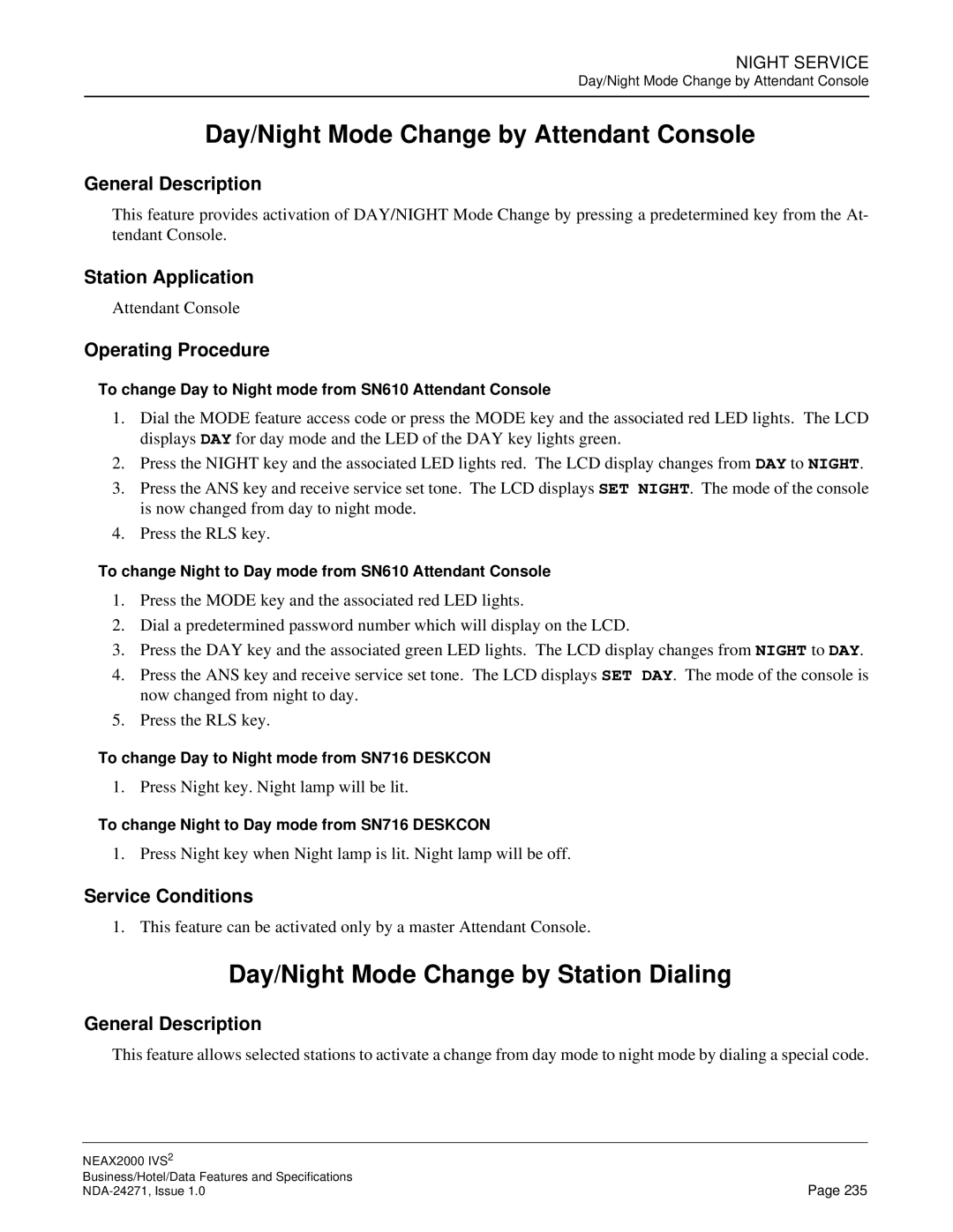 NEC NEAX 2000 specifications Day/Night Mode Change by Attendant Console, Day/Night Mode Change by Station Dialing 