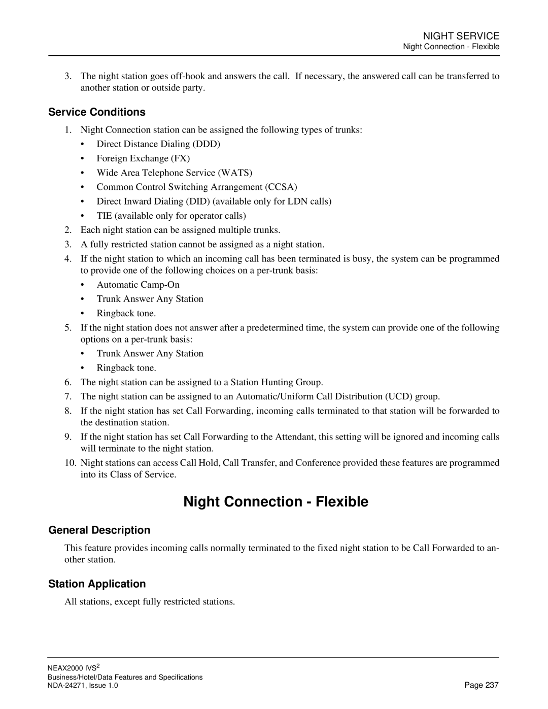 NEC NEAX 2000 specifications Night Connection Flexible 