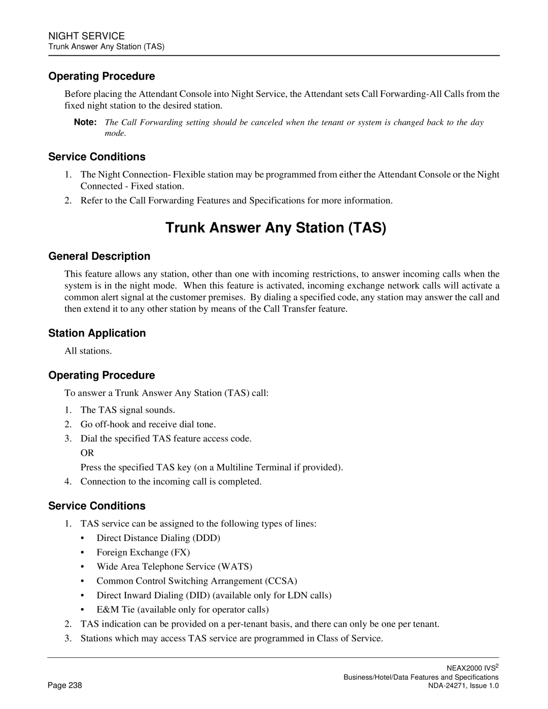 NEC NEAX 2000 specifications Trunk Answer Any Station TAS 