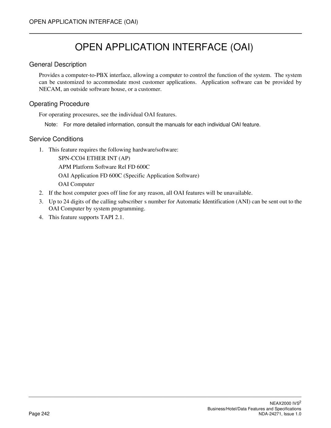 NEC NEAX 2000 specifications Open Application Interface OAI, SPN-CC04 Ether INT AP 