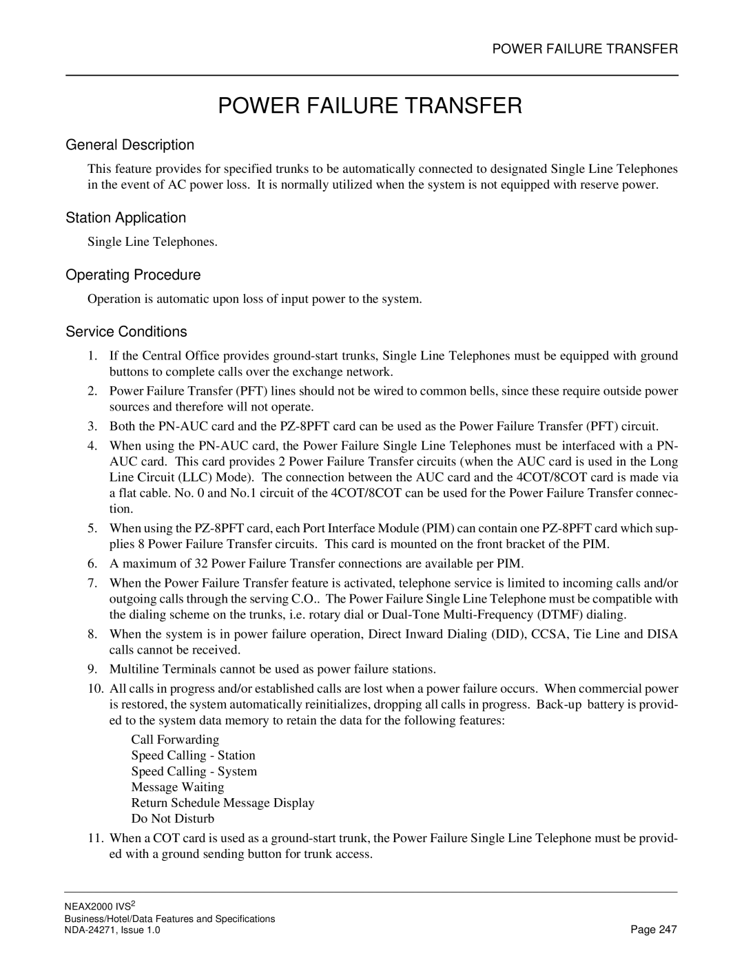 NEC NEAX 2000 specifications Power Failure Transfer 