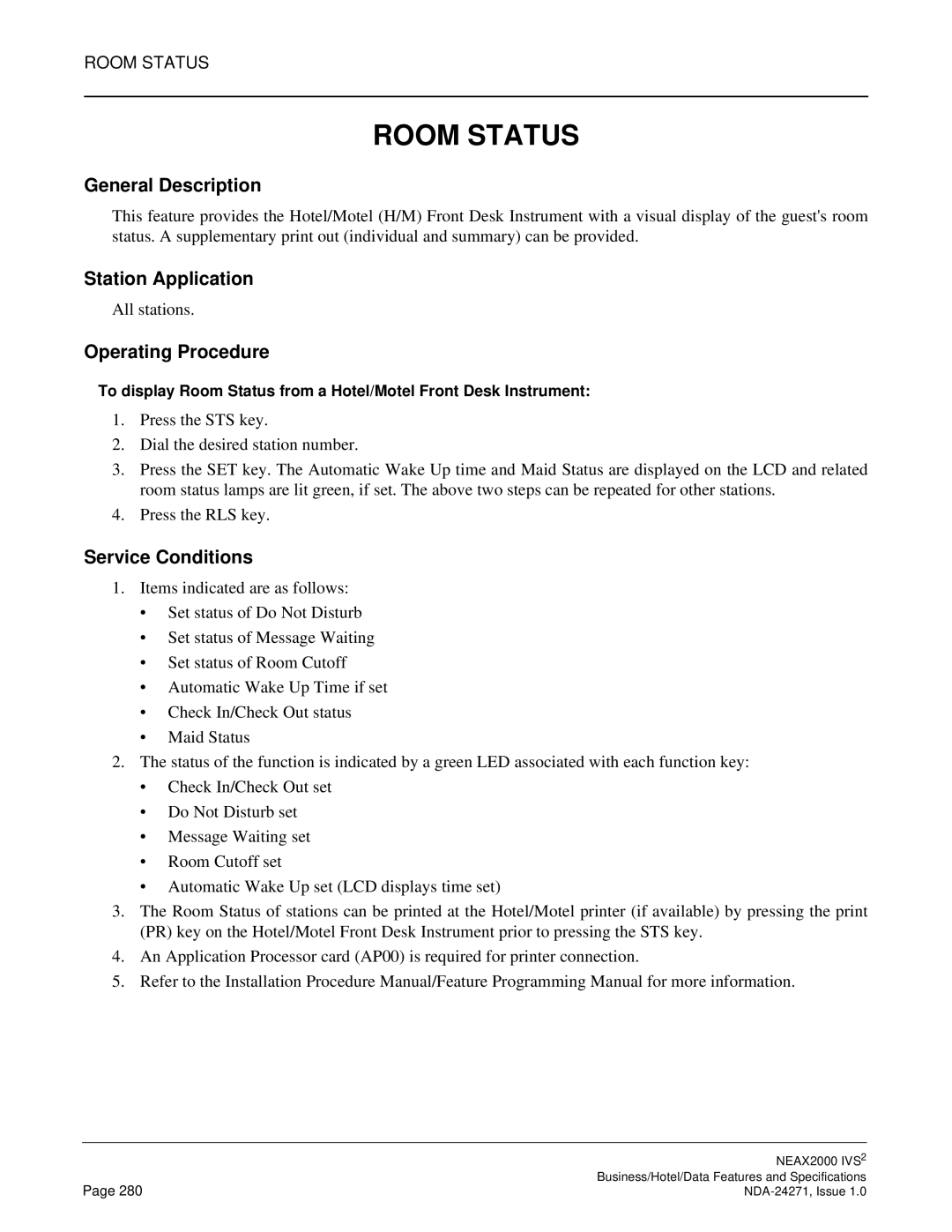 NEC NEAX 2000 specifications Room Status 