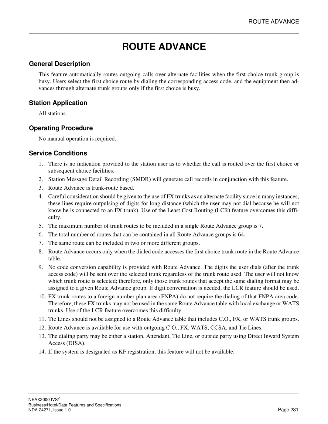 NEC NEAX 2000 specifications Route Advance 