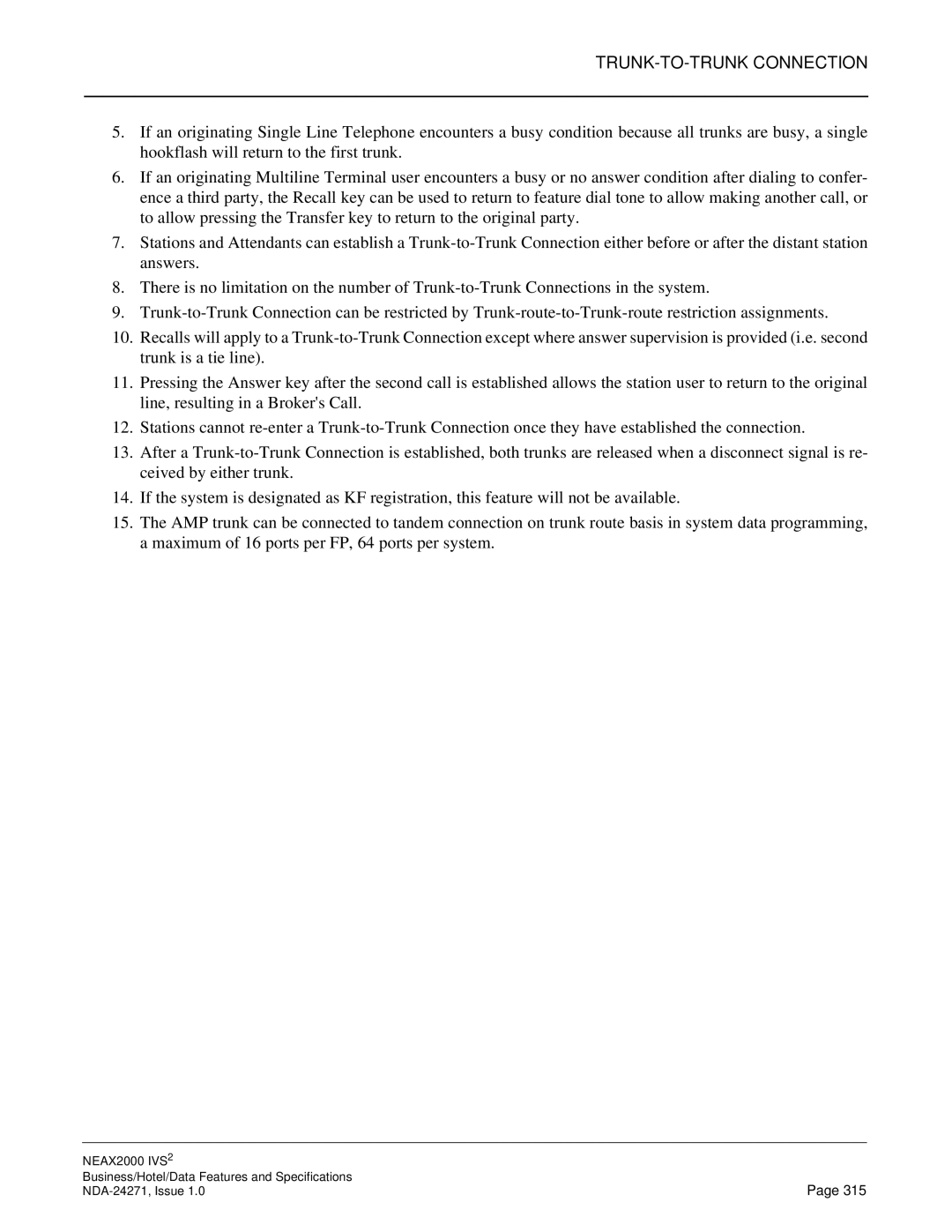 NEC NEAX 2000 specifications TRUNK-TO-TRUNK Connection 