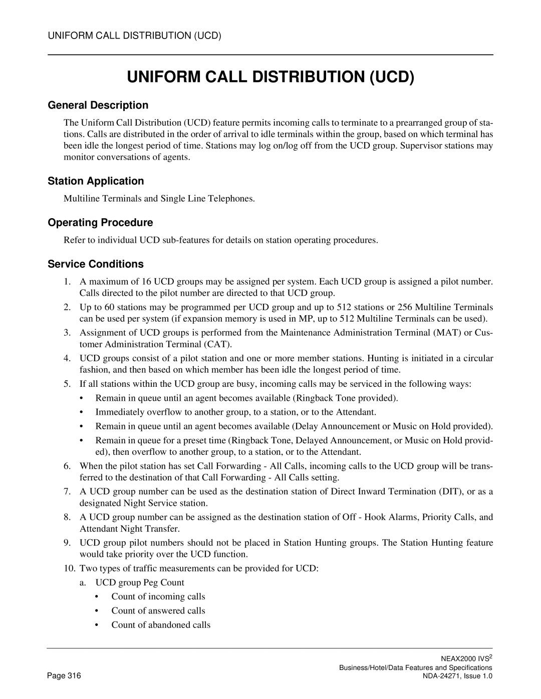 NEC NEAX 2000 specifications Uniform Call Distribution UCD 