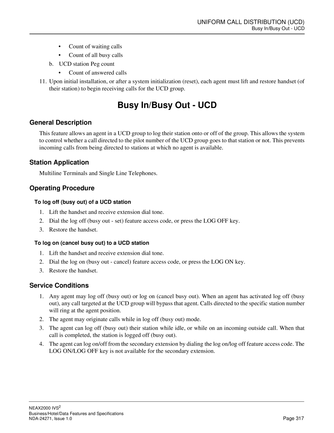 NEC NEAX 2000 specifications Busy In/Busy Out UCD 