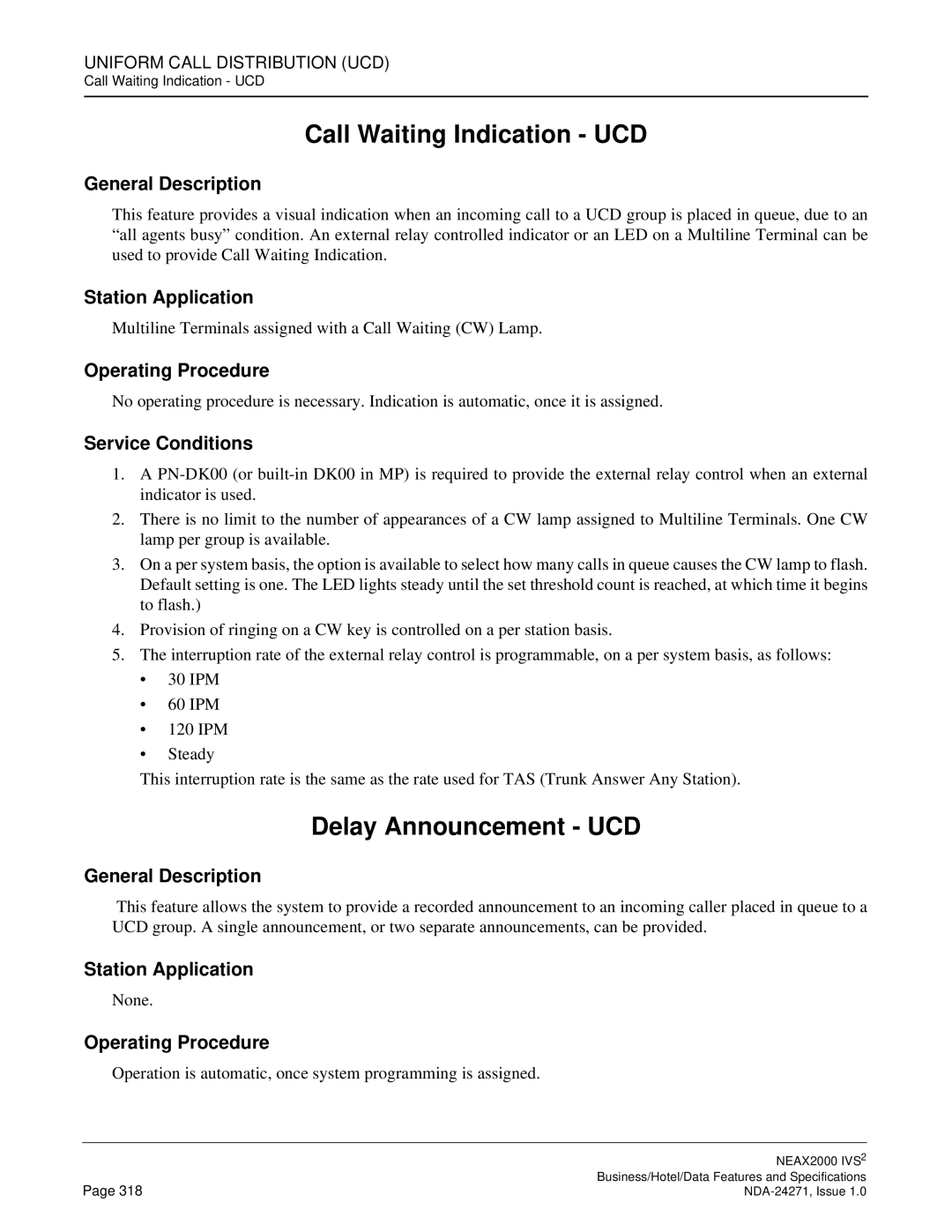 NEC NEAX 2000 specifications Call Waiting Indication UCD, Delay Announcement UCD 