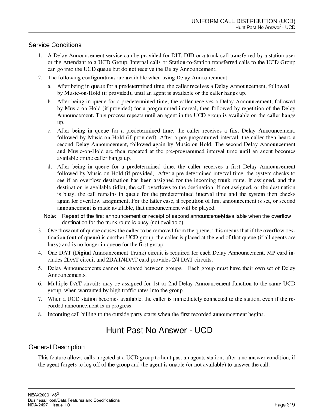 NEC NEAX 2000 specifications Hunt Past No Answer UCD 