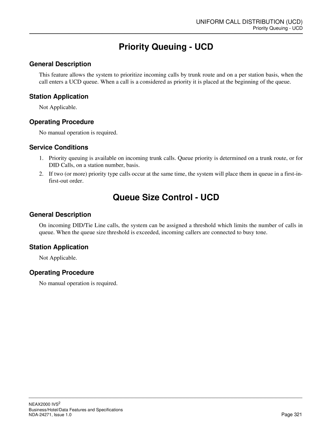 NEC NEAX 2000 specifications Priority Queuing UCD, Queue Size Control UCD 