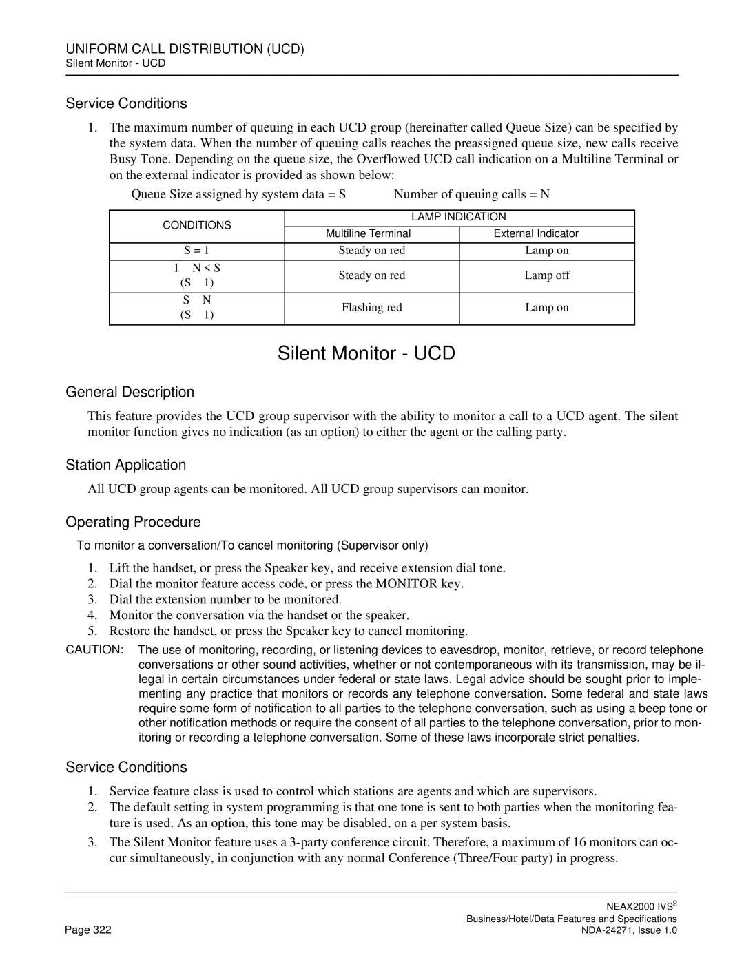 NEC NEAX 2000 specifications Silent Monitor UCD 