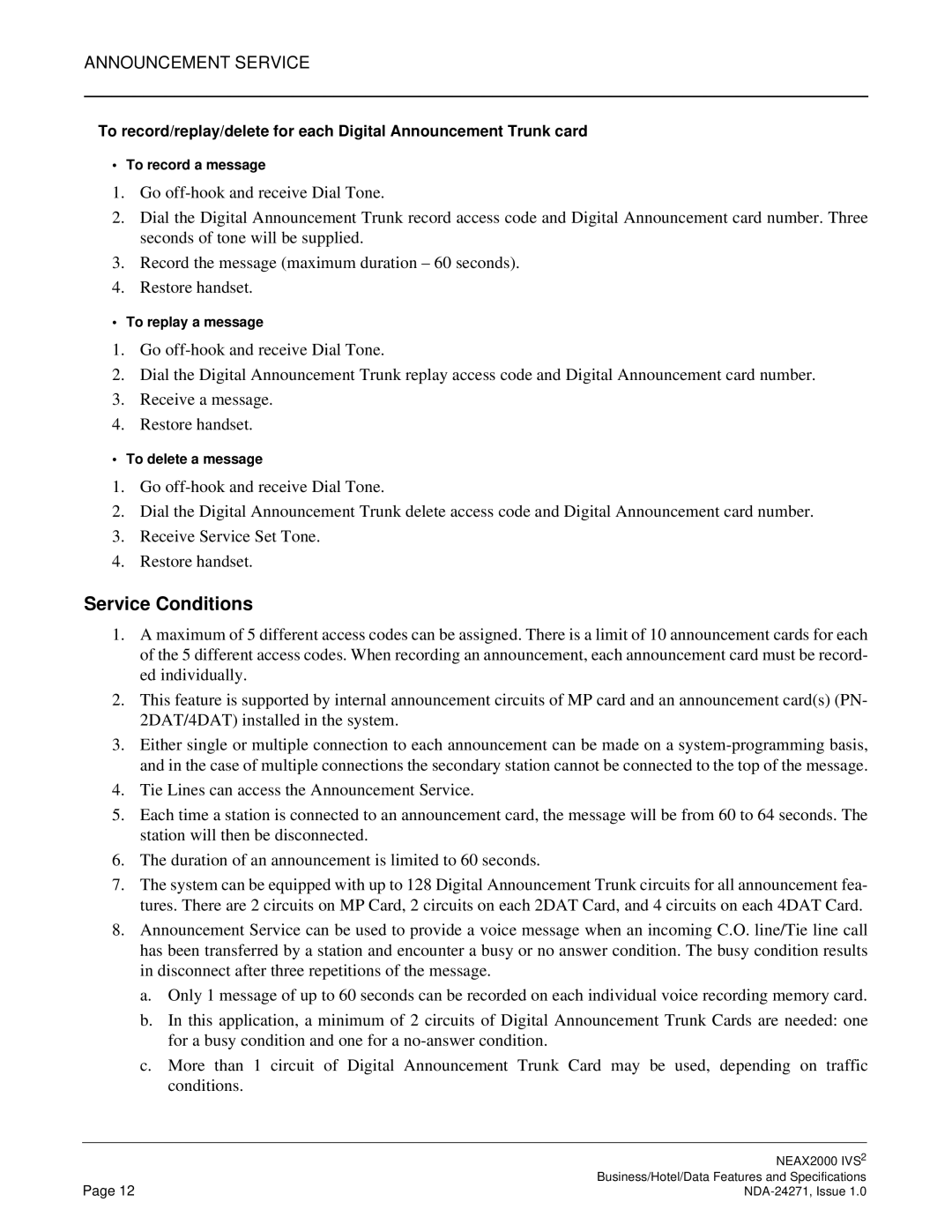 NEC NEAX 2000 specifications To record a message 