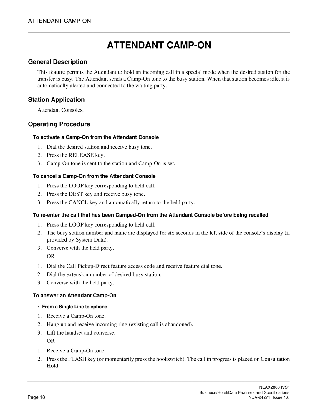 NEC NEAX 2000 specifications Attendant CAMP-ON 