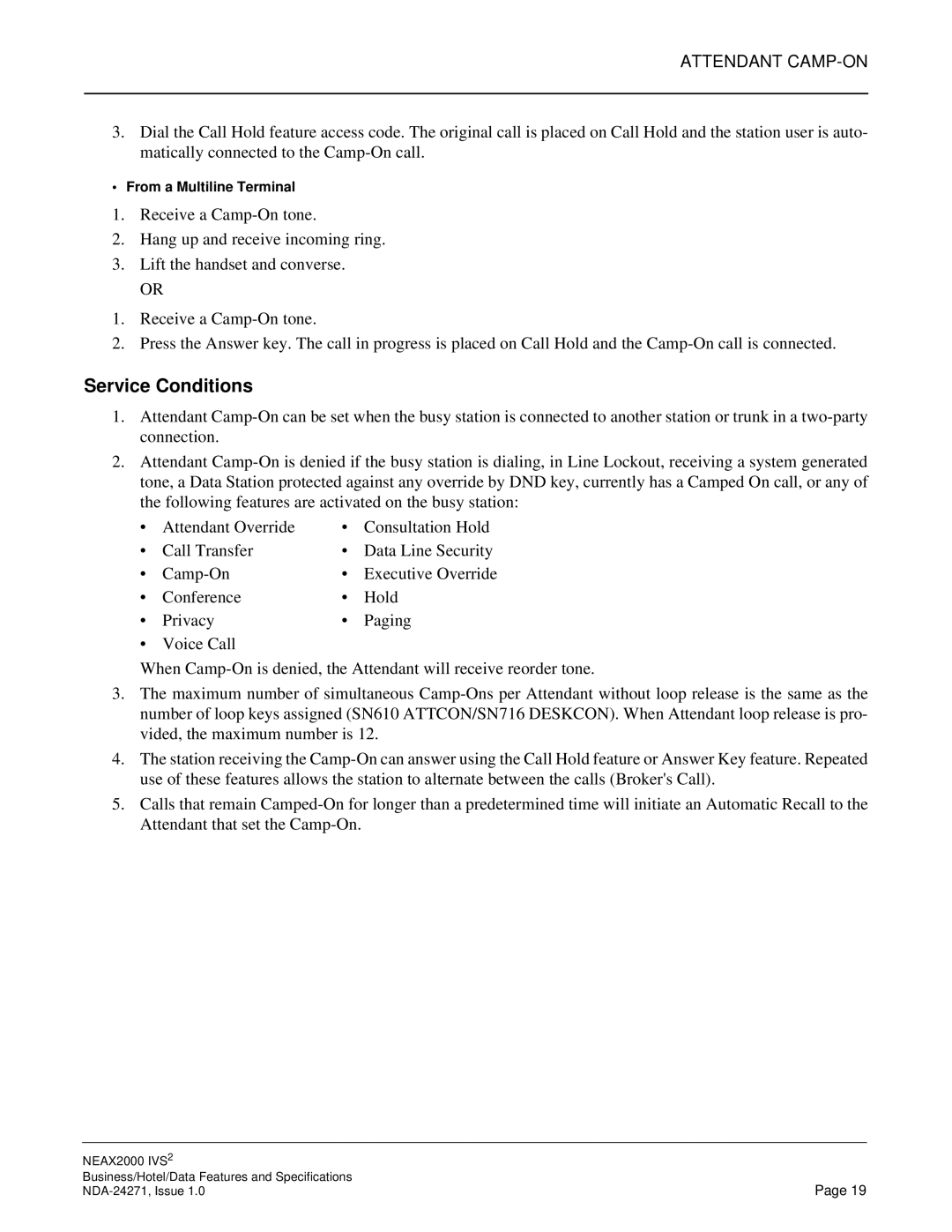 NEC NEAX 2000 specifications From a Multiline Terminal 