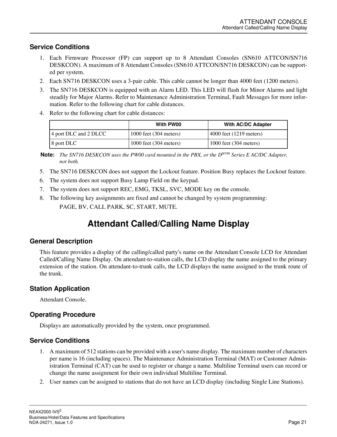 NEC NEAX 2000 specifications Attendant Called/Calling Name Display 