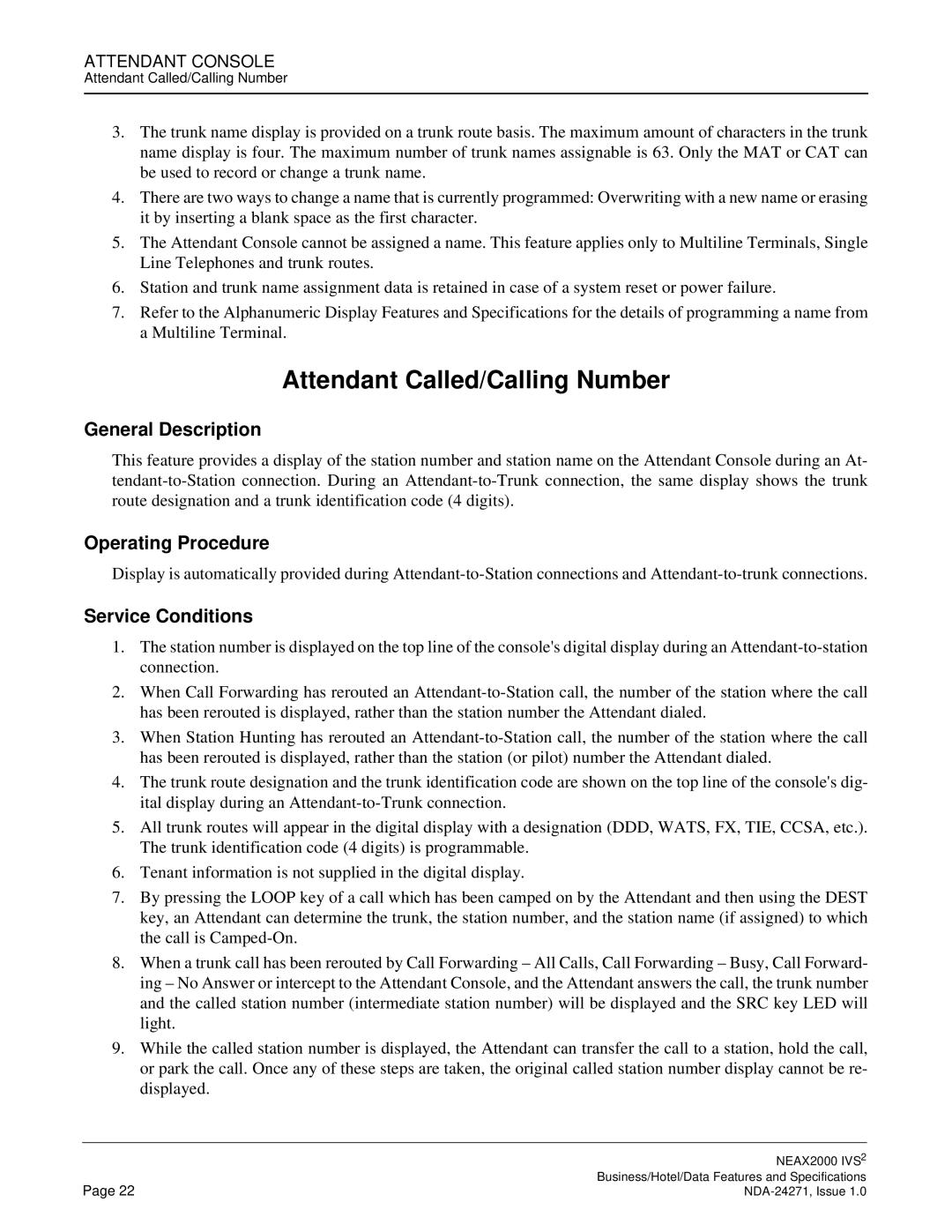 NEC NEAX 2000 specifications Attendant Called/Calling Number 