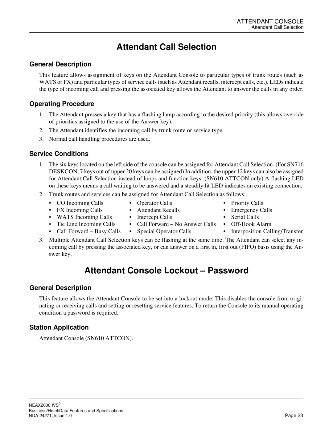 NEC NEAX 2000 specifications Attendant Call Selection, Attendant Console Lockout Password 