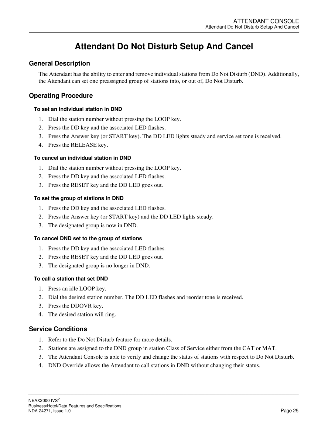 NEC NEAX 2000 specifications Attendant Do Not Disturb Setup And Cancel 