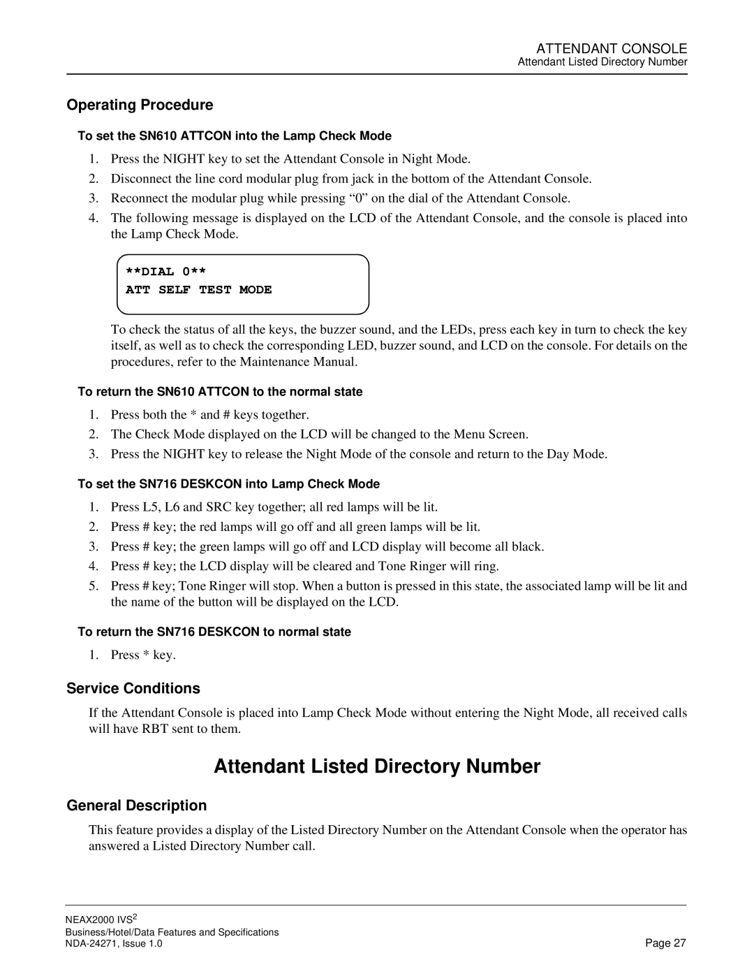 NEC NEAX 2000 specifications Attendant Listed Directory Number, ATT Self Test Mode 