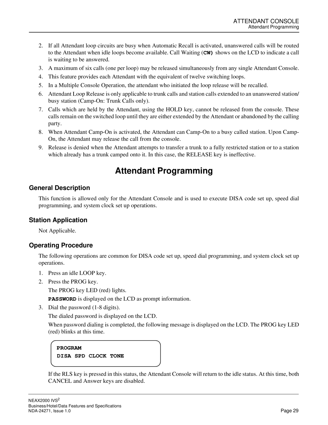 NEC NEAX 2000 specifications Attendant Programming, Program Disa SPD Clock Tone 