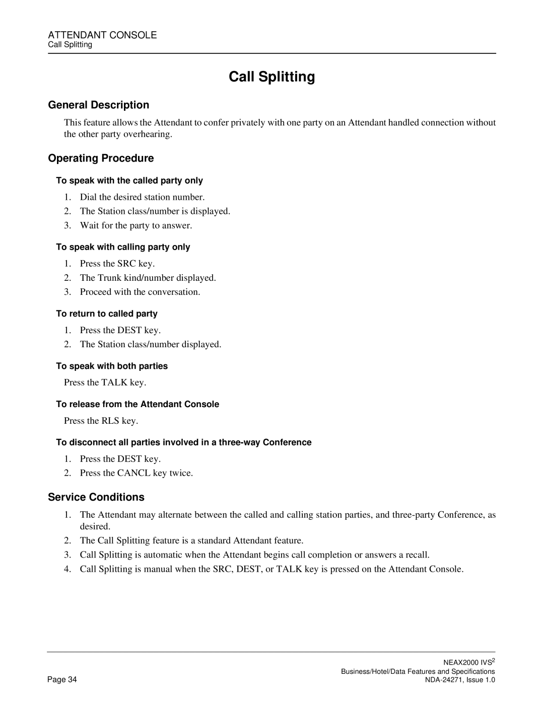 NEC NEAX 2000 specifications Call Splitting 