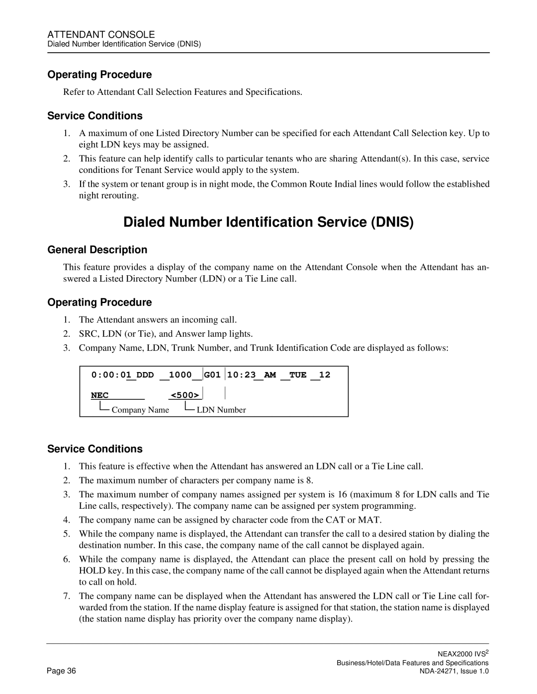 NEC NEAX 2000 specifications Dialed Number Identification Service Dnis 