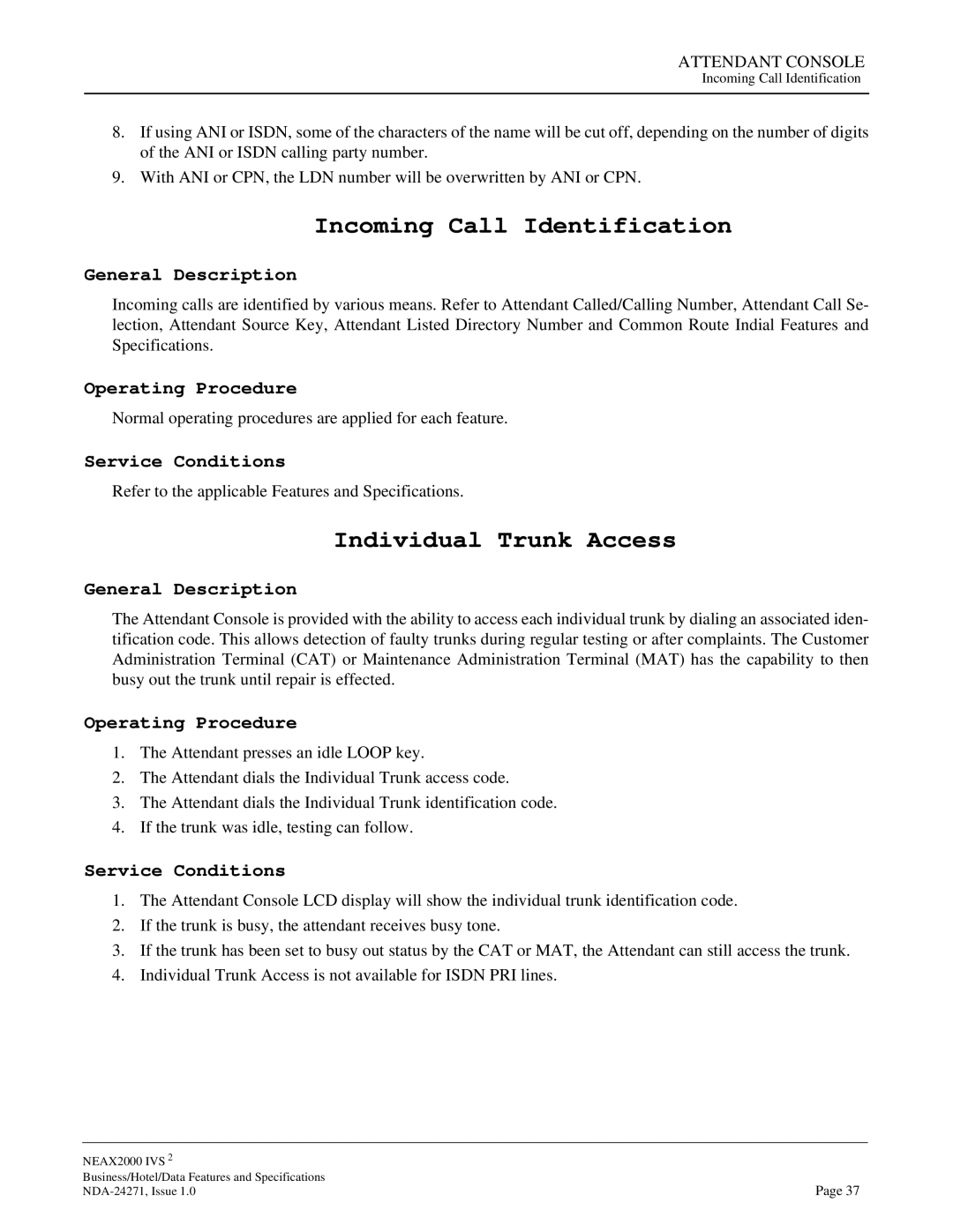 NEC NEAX 2000 specifications Incoming Call Identification, Individual Trunk Access 