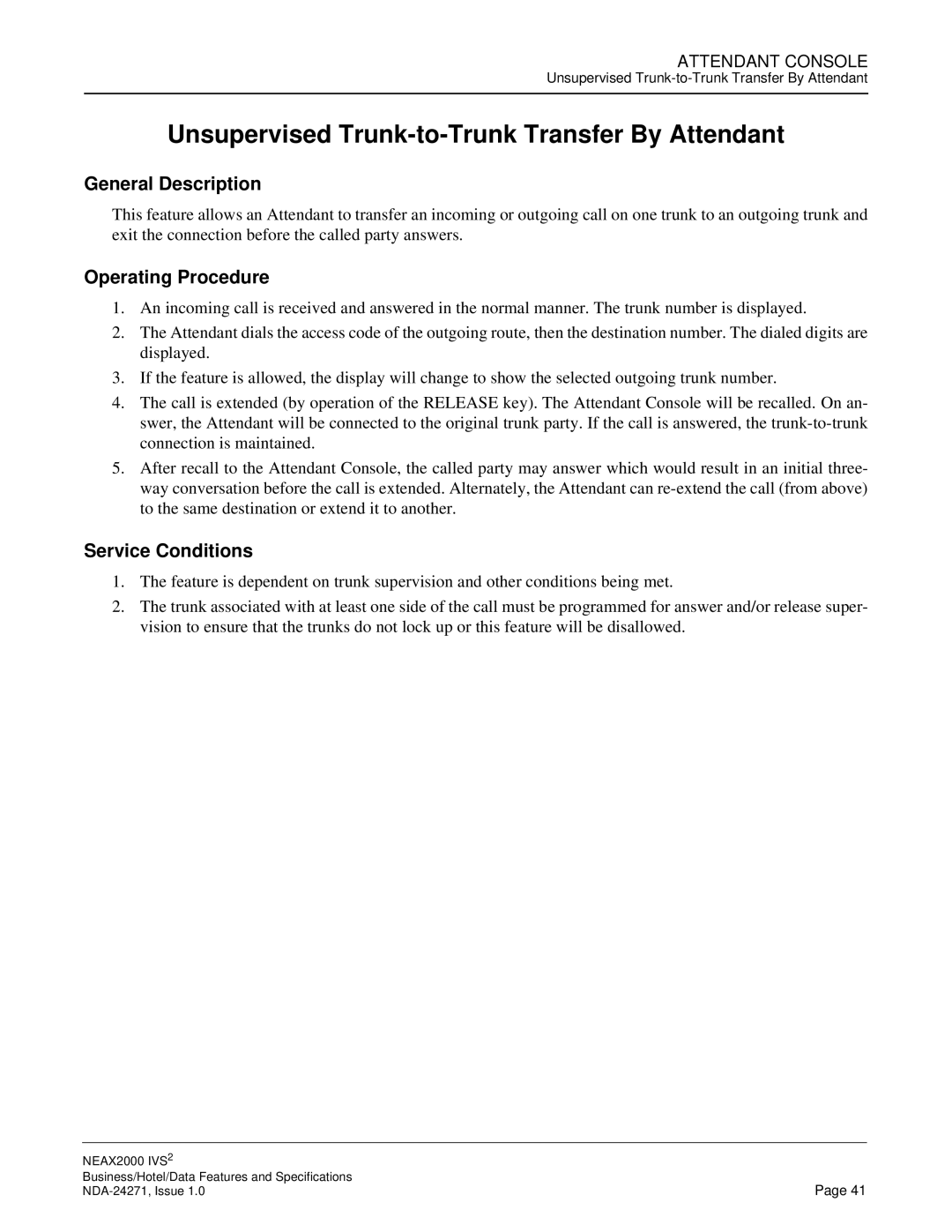 NEC NEAX 2000 specifications Unsupervised Trunk-to-Trunk Transfer By Attendant 