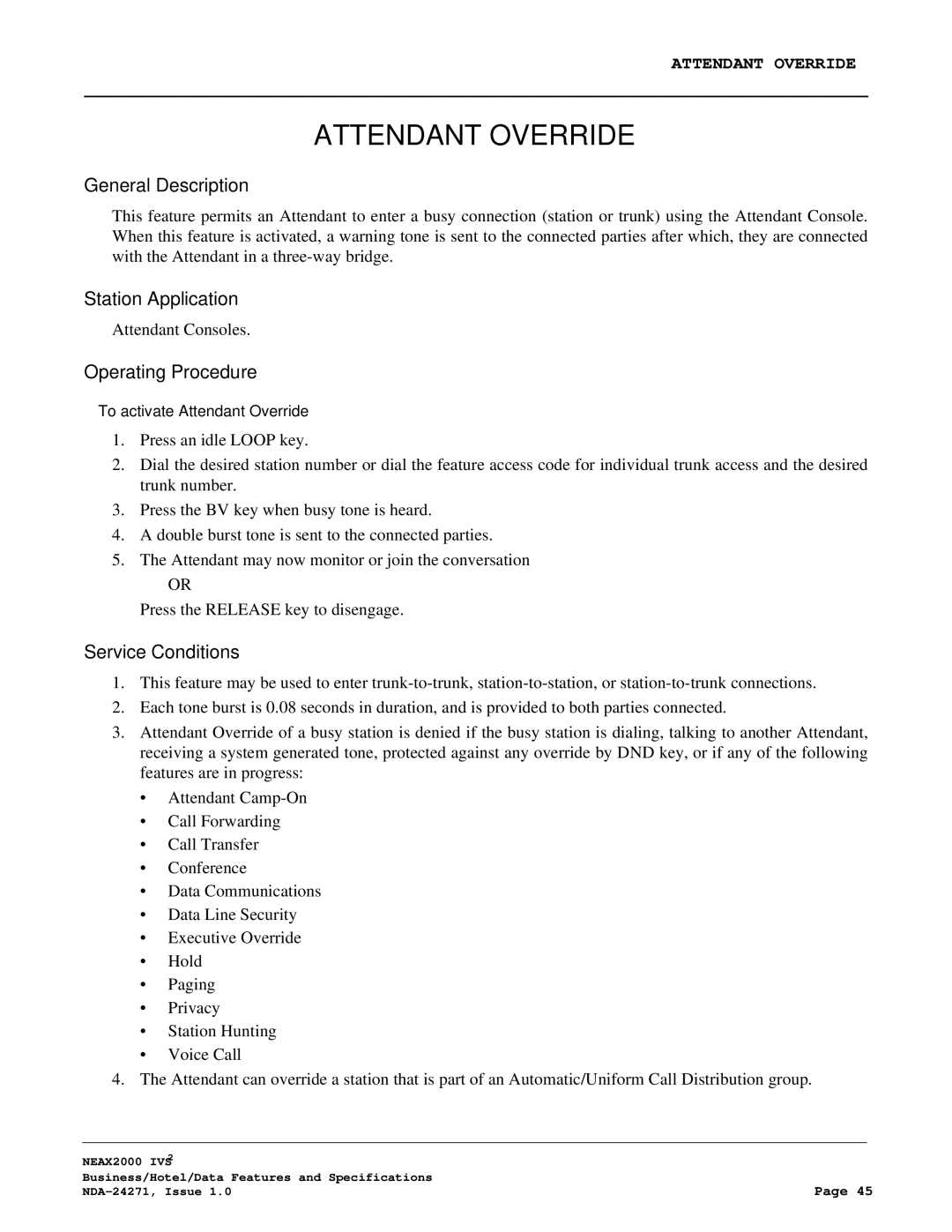 NEC NEAX 2000 specifications Attendant Override 