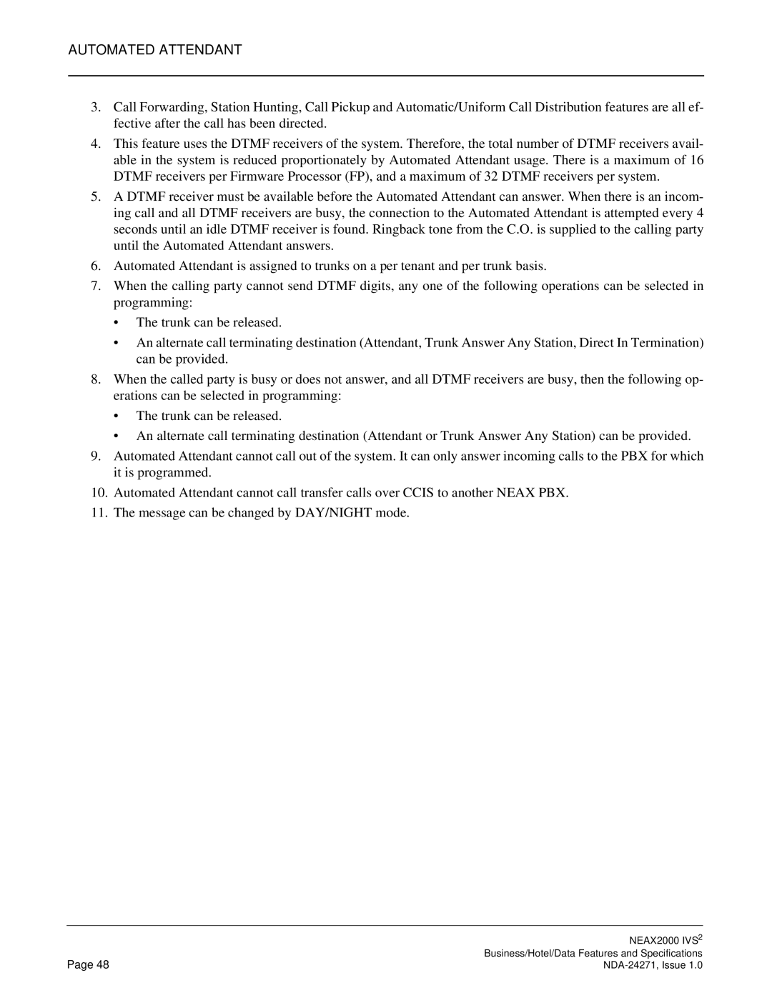 NEC NEAX 2000 specifications Automated Attendant 