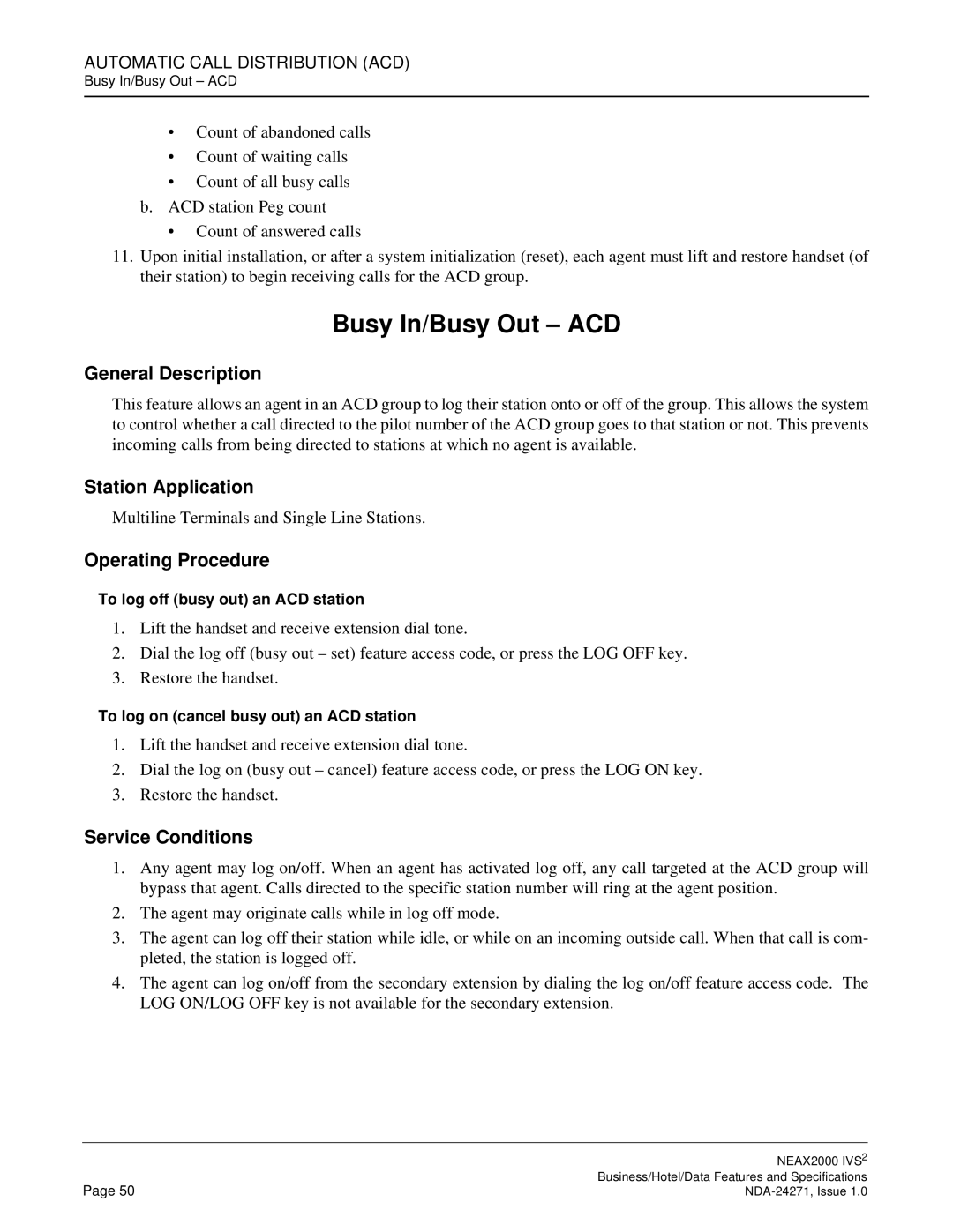 NEC NEAX 2000 specifications Busy In/Busy Out ACD 