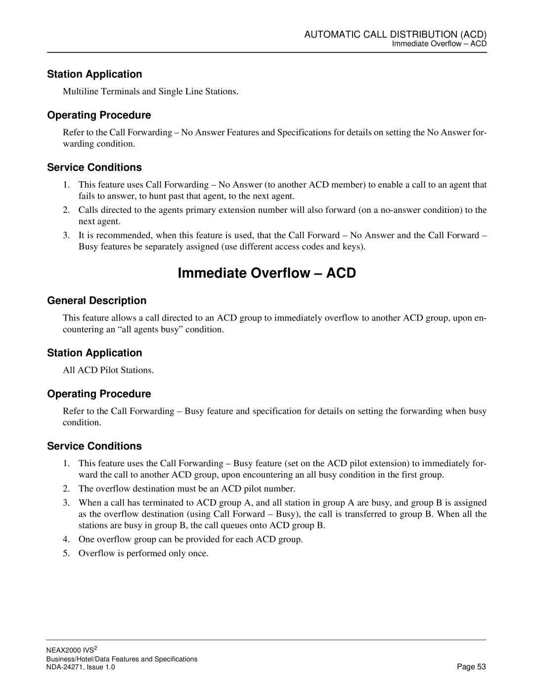 NEC NEAX 2000 specifications Immediate Overflow ACD 