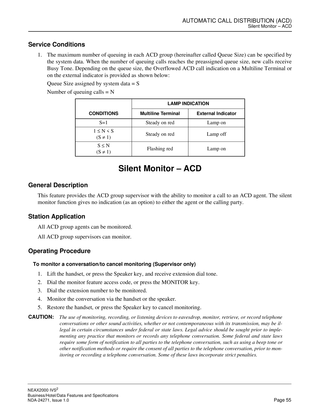 NEC NEAX 2000 specifications Silent Monitor ACD 