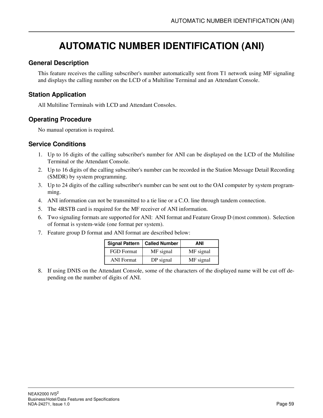 NEC NEAX 2000 specifications Automatic Number Identification ANI 