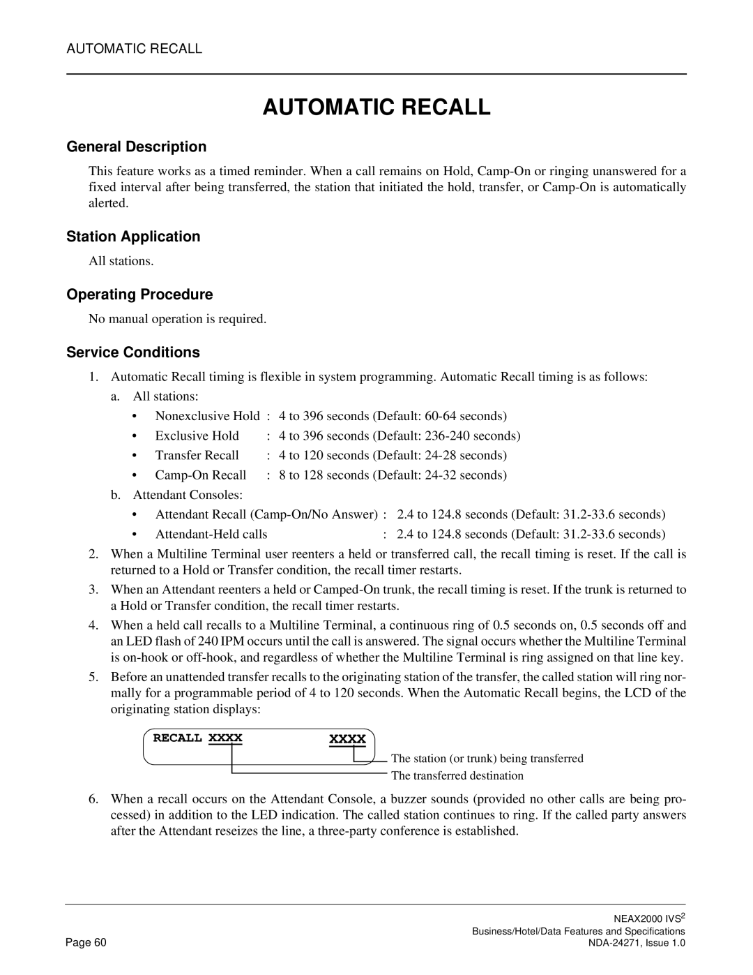 NEC NEAX 2000 specifications Automatic Recall, Xxxx 