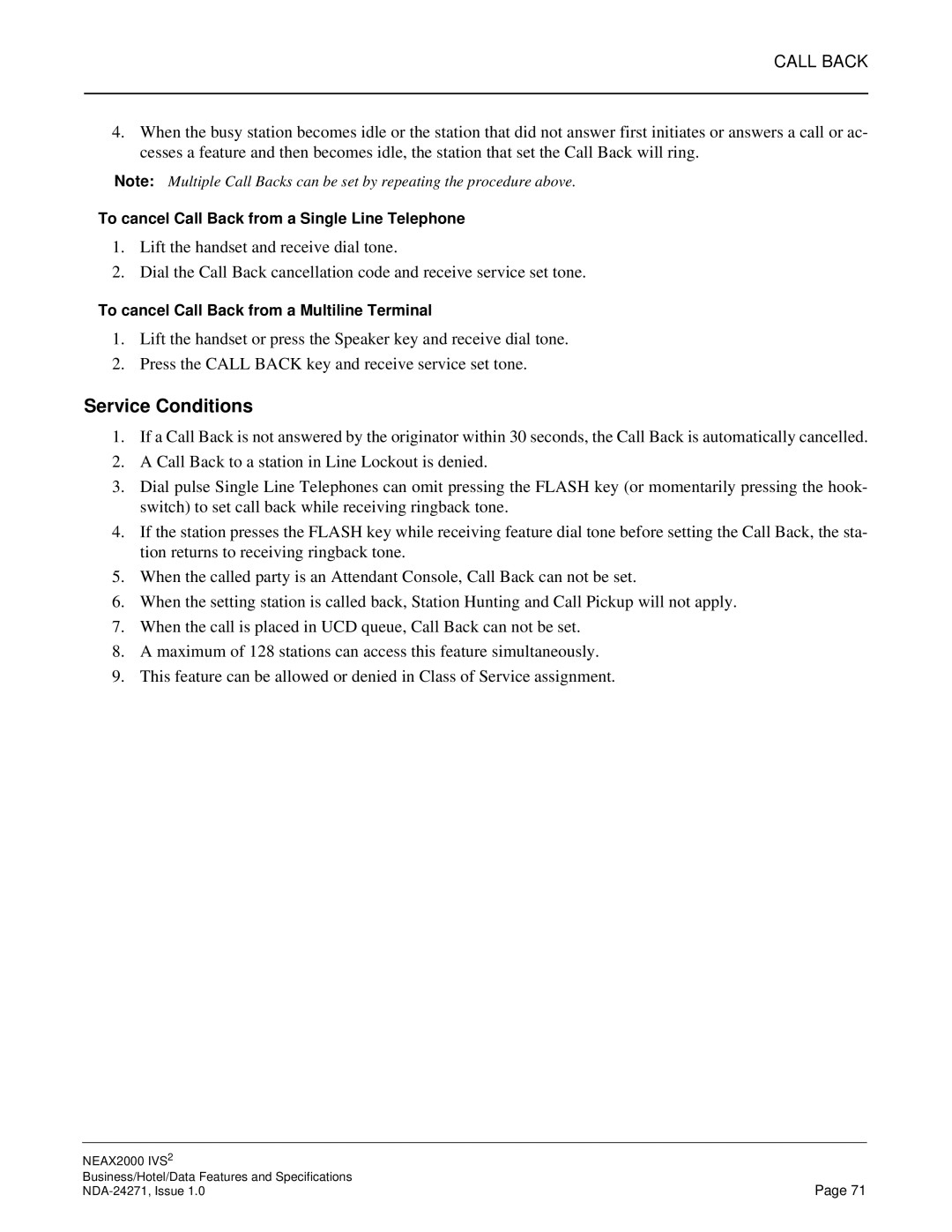 NEC NEAX 2000 specifications To cancel Call Back from a Single Line Telephone 