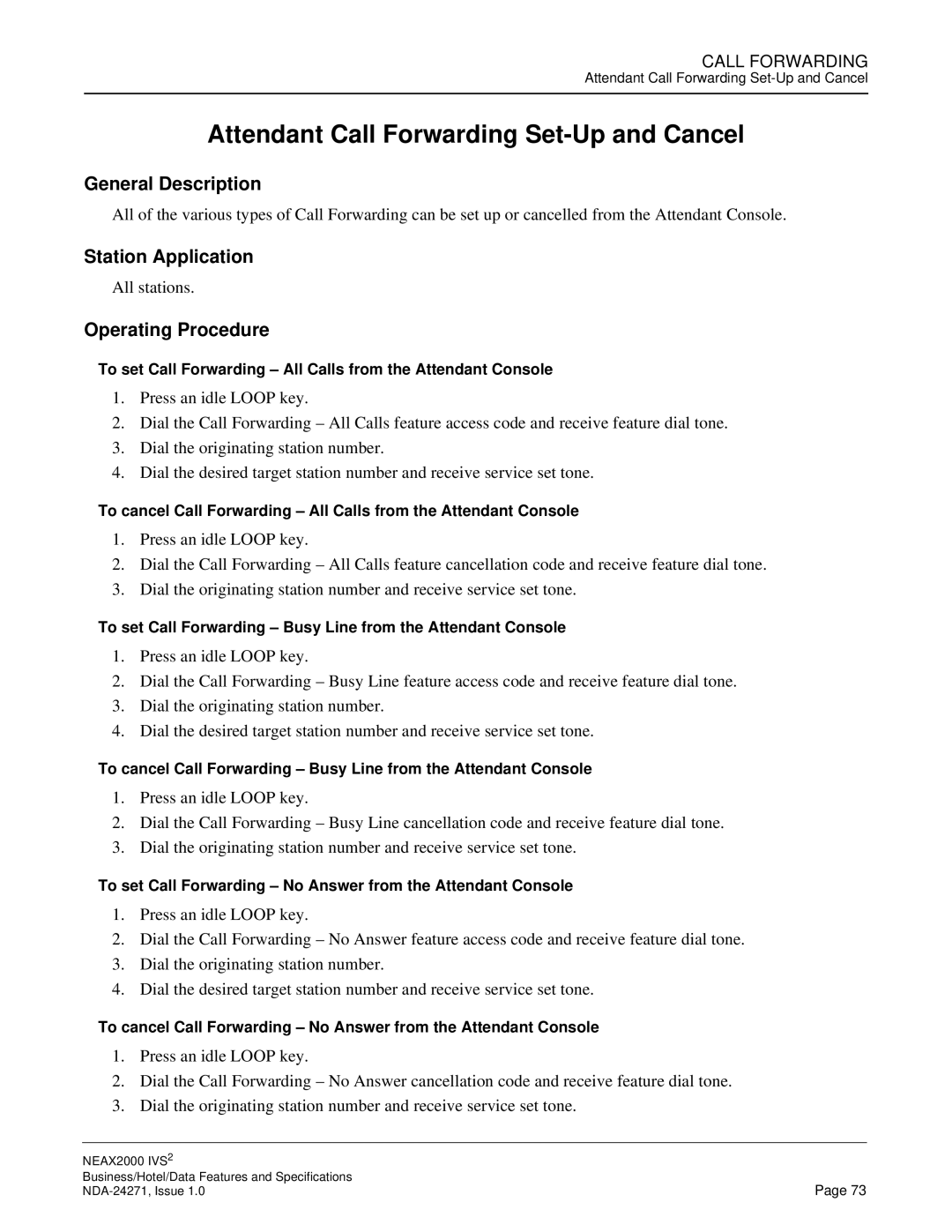 NEC NEAX 2000 specifications Attendant Call Forwarding Set-Up and Cancel 