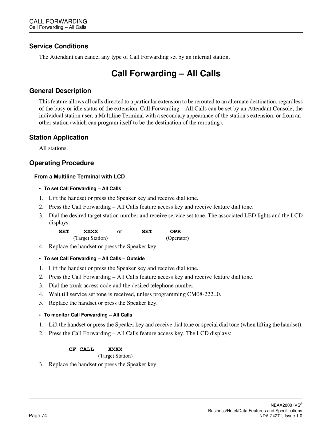 NEC NEAX 2000 specifications Call Forwarding All Calls, SET Xxxx OPR 