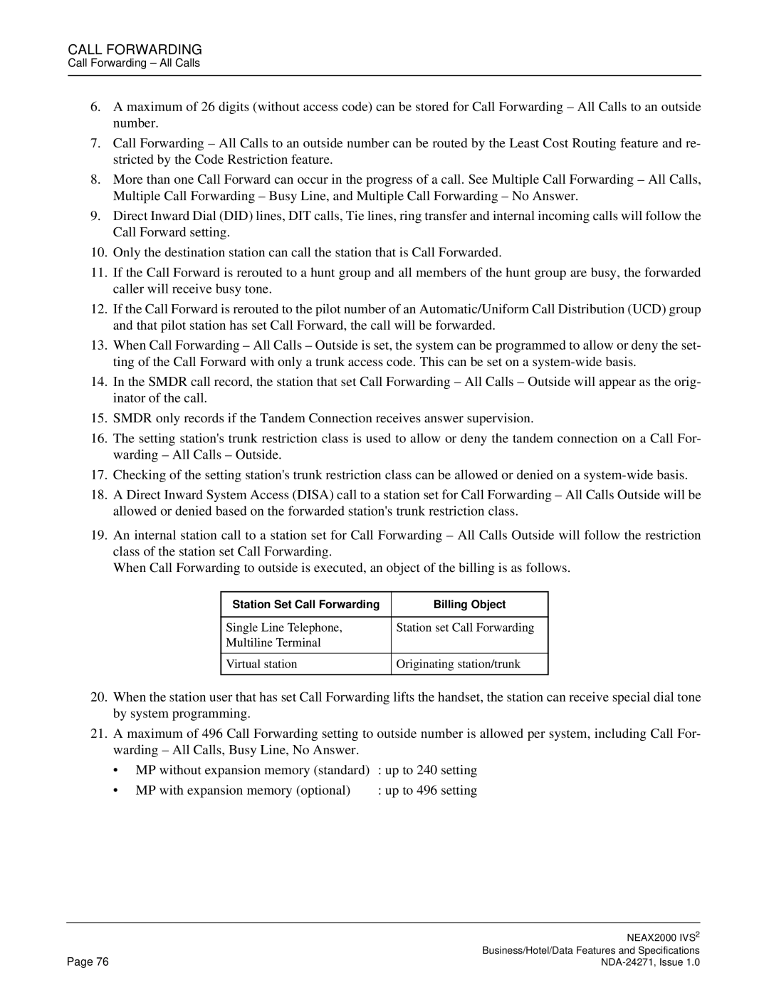 NEC NEAX 2000 specifications Station Set Call Forwarding Billing Object 