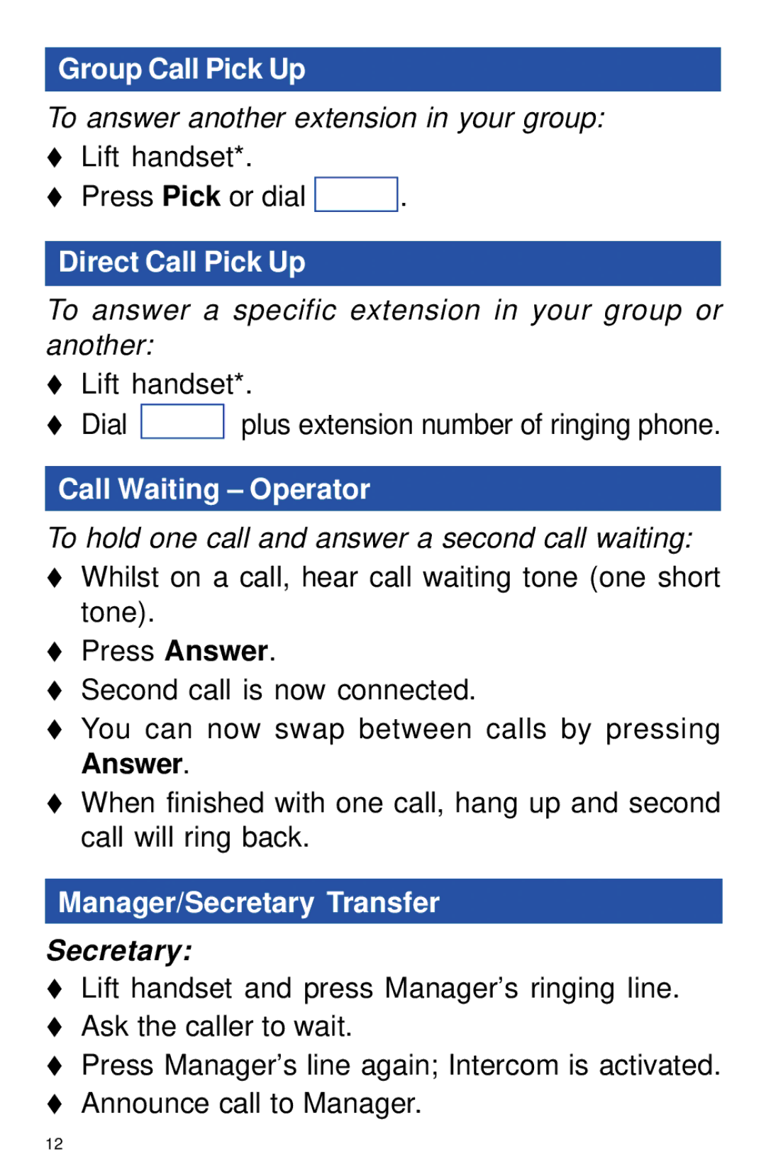 NEC NEAX 2400 IPX manual Direct Call Pick Up, Call Waiting Operator, Manager/Secretary Transfer 