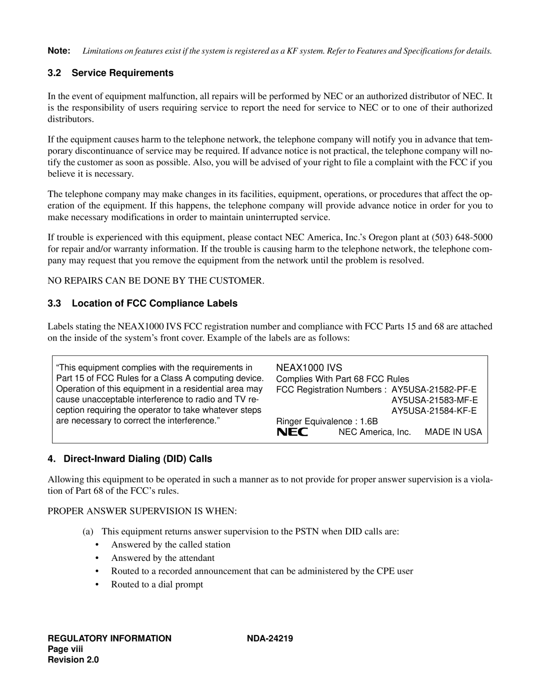 NEC NEAX1000IVS system manual Service Requirements, Location of FCC Compliance Labels, Direct-Inward Dialing did Calls 