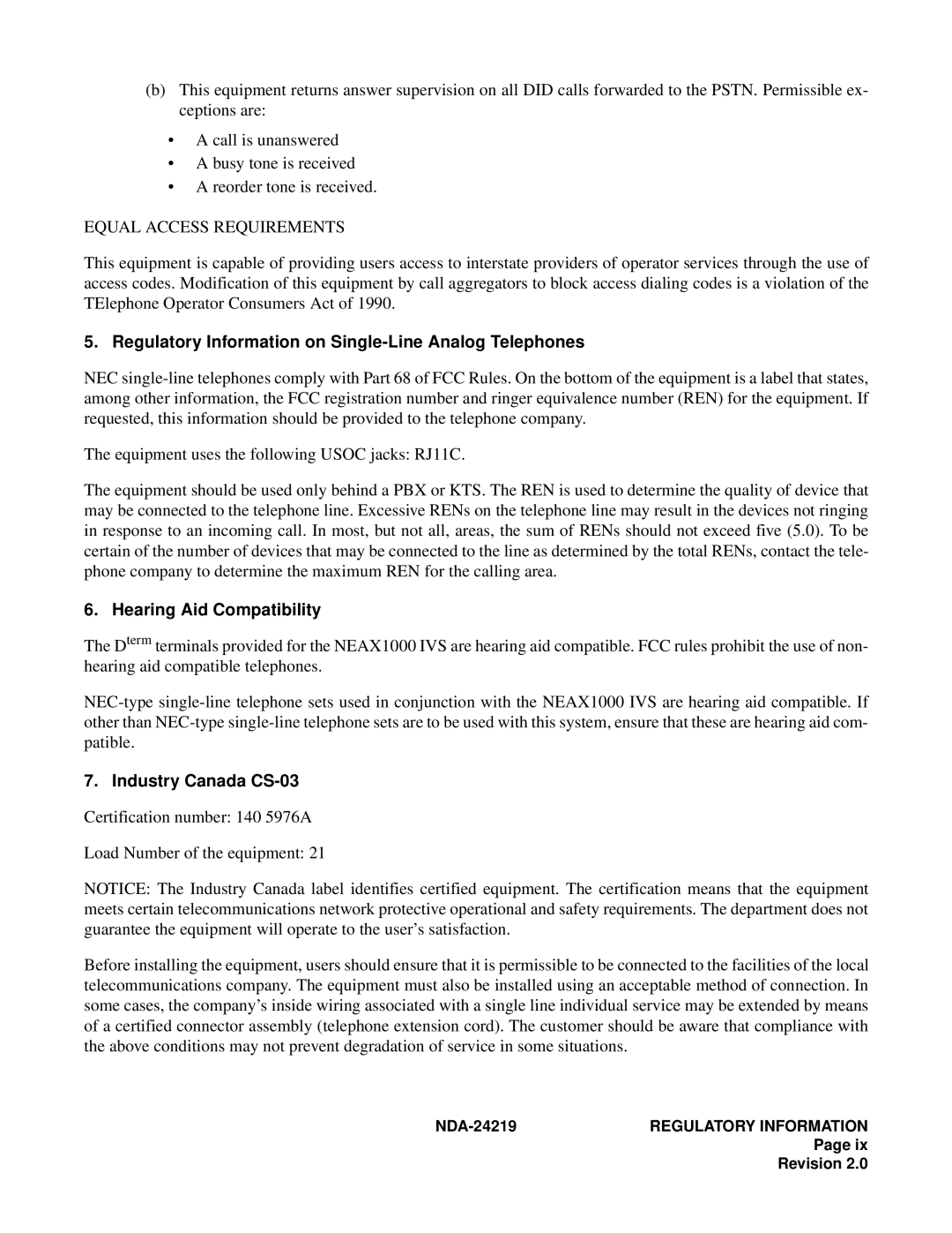 NEC NEAX1000IVS Regulatory Information on Single-Line Analog Telephones, Hearing Aid Compatibility, Industry Canada CS-03 