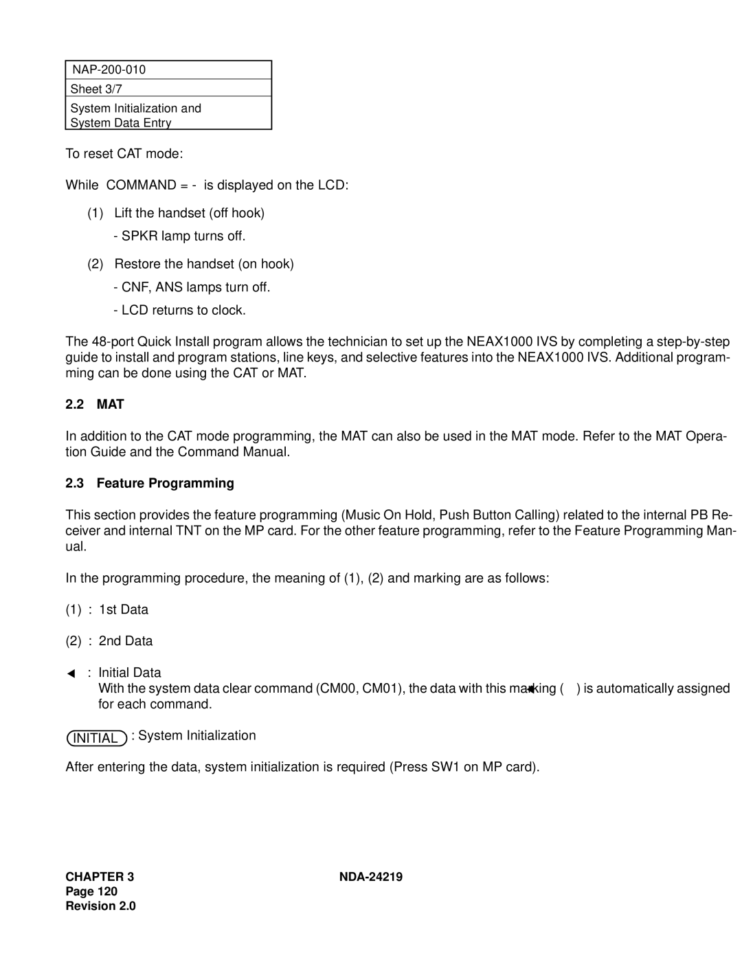 NEC NEAX1000IVS system manual Mat, Feature Programming 