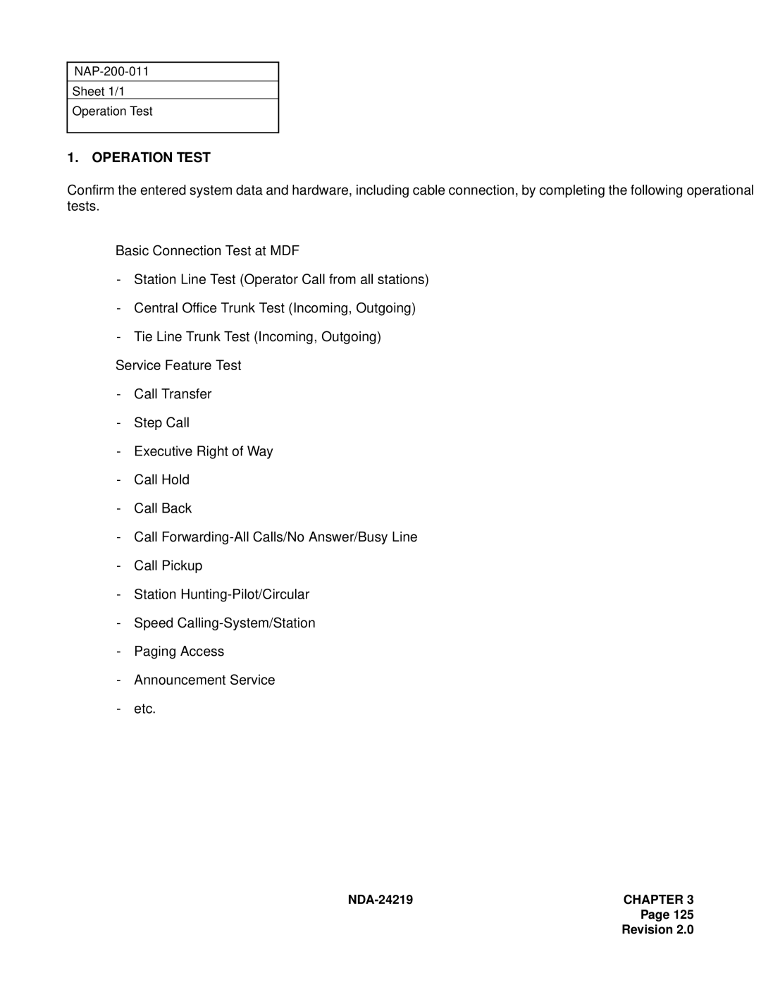 NEC NEAX1000IVS system manual Operation Test 