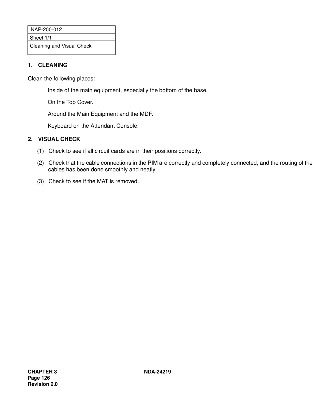 NEC NEAX1000IVS system manual Cleaning, Visual Check 